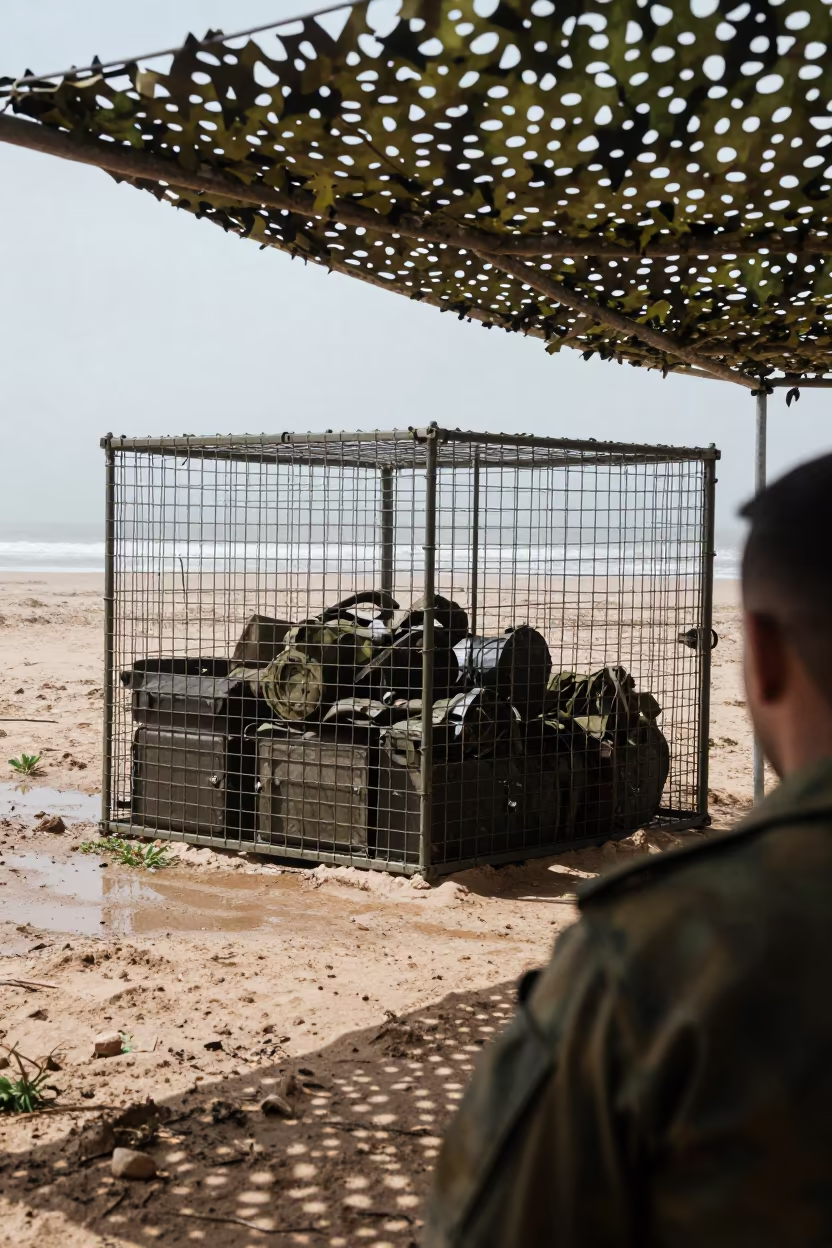 TA 50 Cage Under Camo Net in Touba in beneath a camouflage net shelter in Touba