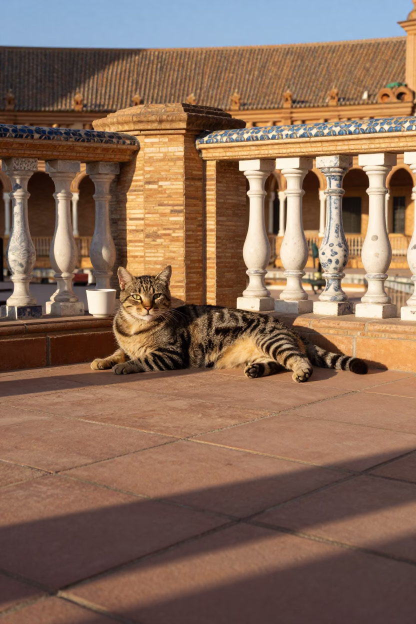 Tabby Cat Resting on Seville Terrace in Late Afternoon Light with Cup in in Seville, Spain