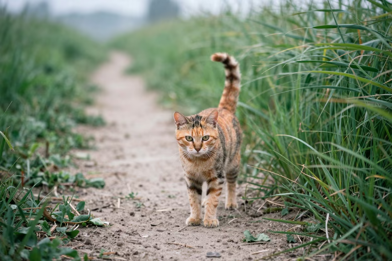Tabby Cat Sunbeam on Tianjin Trail in along a game trail near Tianjin