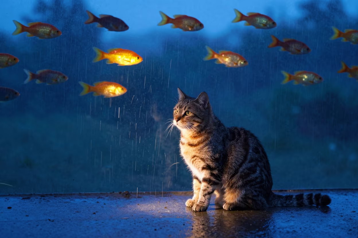 Tabby Cat and Tropical Fish in Twilight Rain in near Keur Massar Nord
