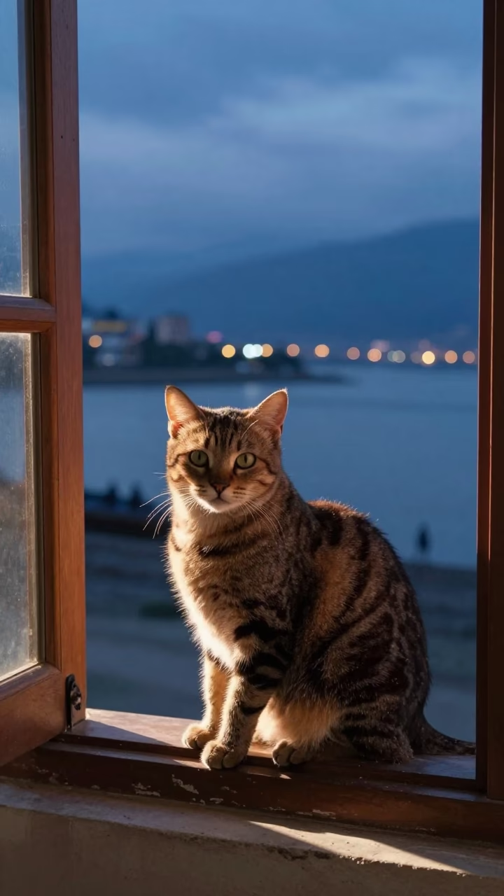 Tabby Cat in Twilight Sunbeam Near Gangtok in beside a tidal inlet near Gangtok