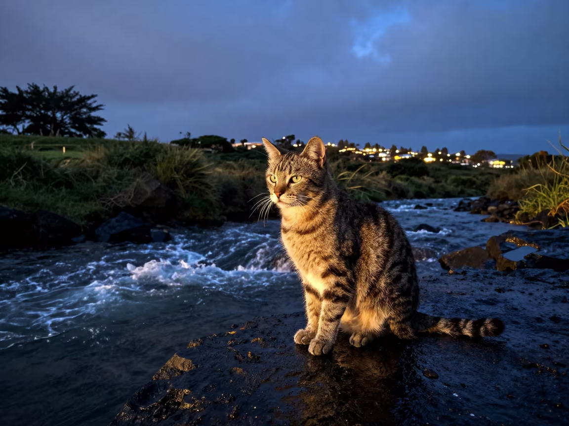 Tabby Cat in Twilight Sunbeam Above Glacial Stream in above a glacial stream near Papeete