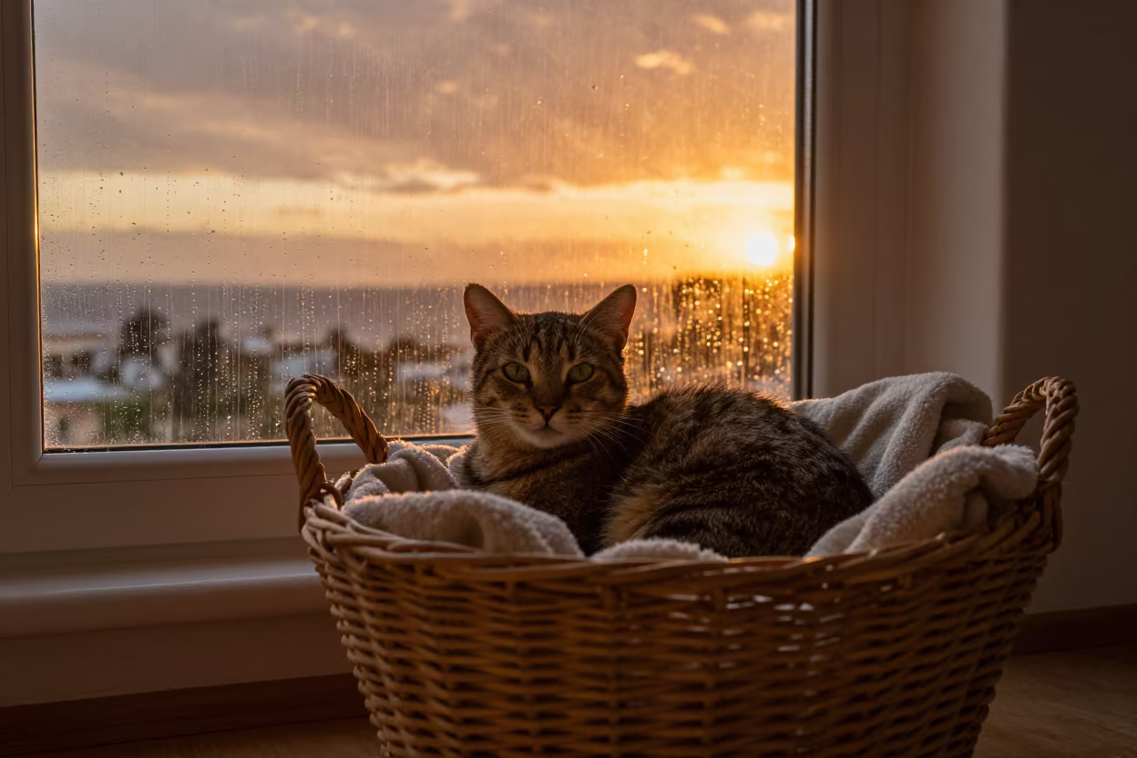 Tabby Cat Resting in Wicker Basket Near Window in beside a rain-streaked window near Ibiza