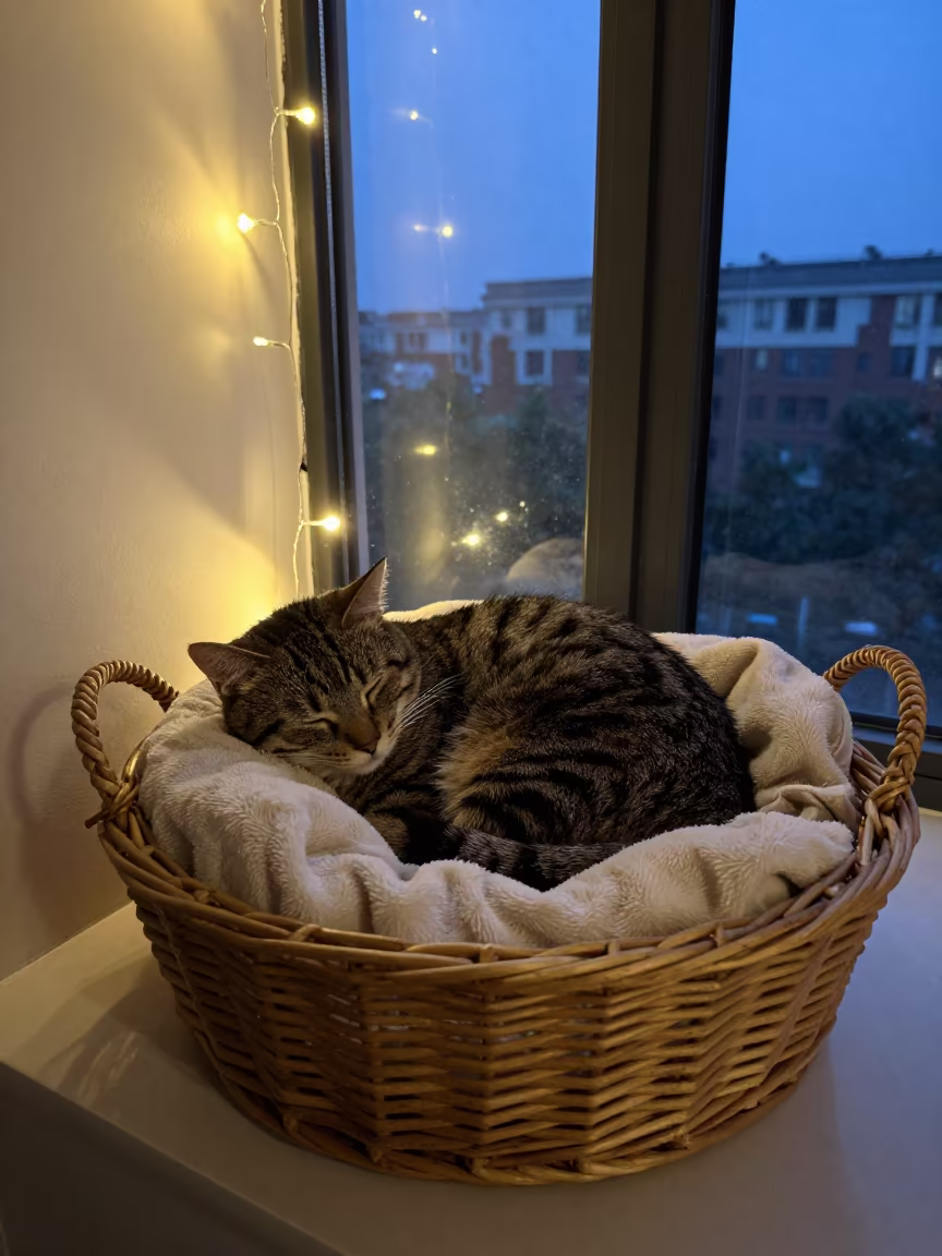 Tabby Cat in Wicker Basket Zhengzhou Evening in in a breakfast nook in Zhengzhou