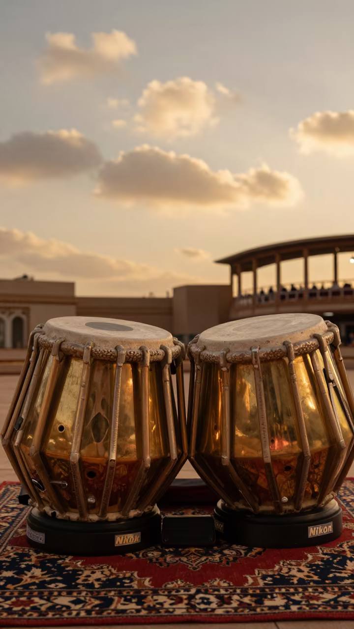 Tabla Drums in Copper Light Before Dusk in in a concert hall in Phoenix
