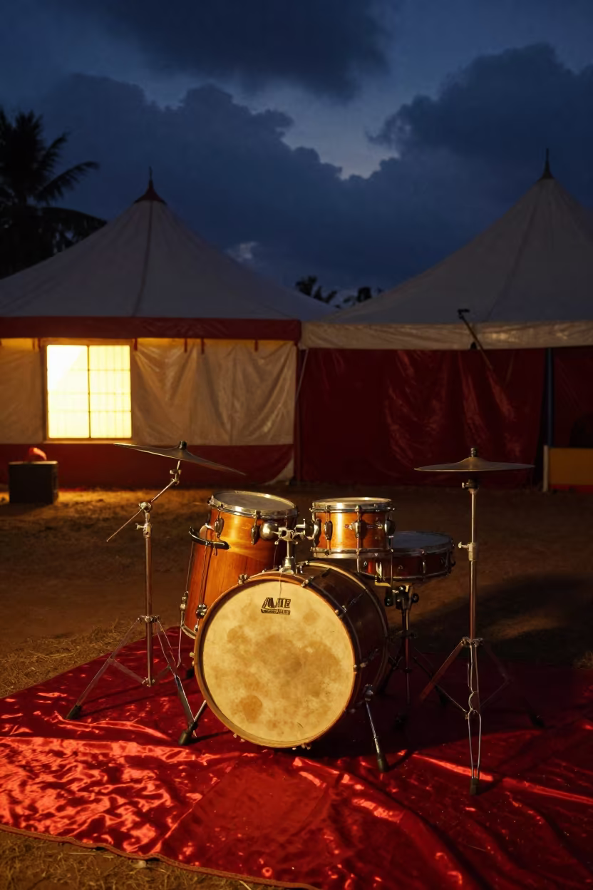 Tabla Drums on Silk Rug Under Circus Tent in under a circus tent in Thiruvananthapuram
