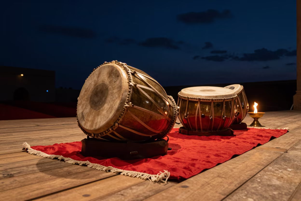 Tabla Drums on Silk Rug in Tikrit Night in on a theater stage in Tikrit