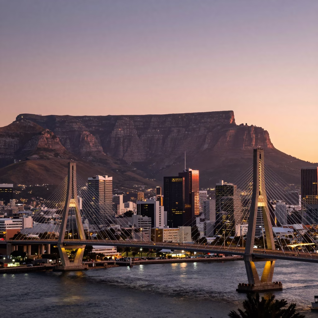 Table Mountain And Cable-Stayed Bridge Illumination in Cape Town in in Cape Town, South Africa