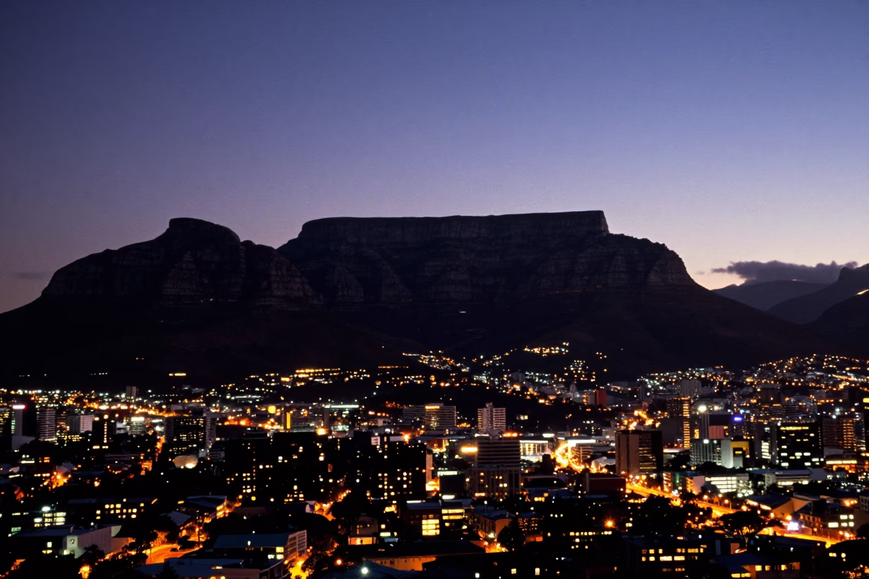 Table Mountain silhouette at dusk with Cape Town city lights beginning to glow in in Cape Town, South Africa