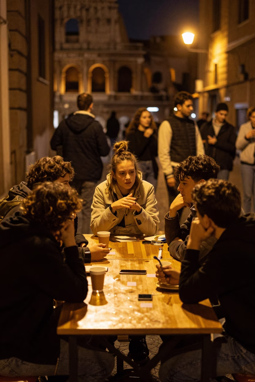 Table Scattered in Rome at Midnight Light in in Rome, Italy