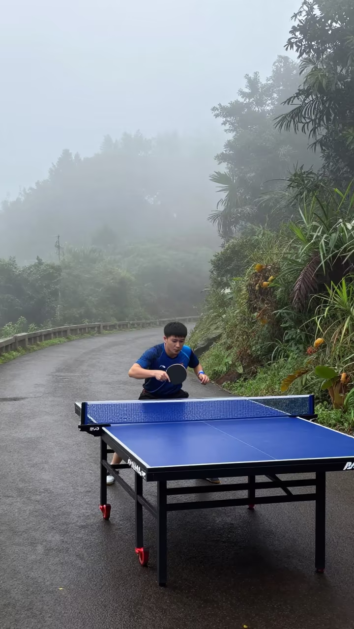 Table Tennis Player Forehand Loop Night Mist in on a mountain path near Bandung