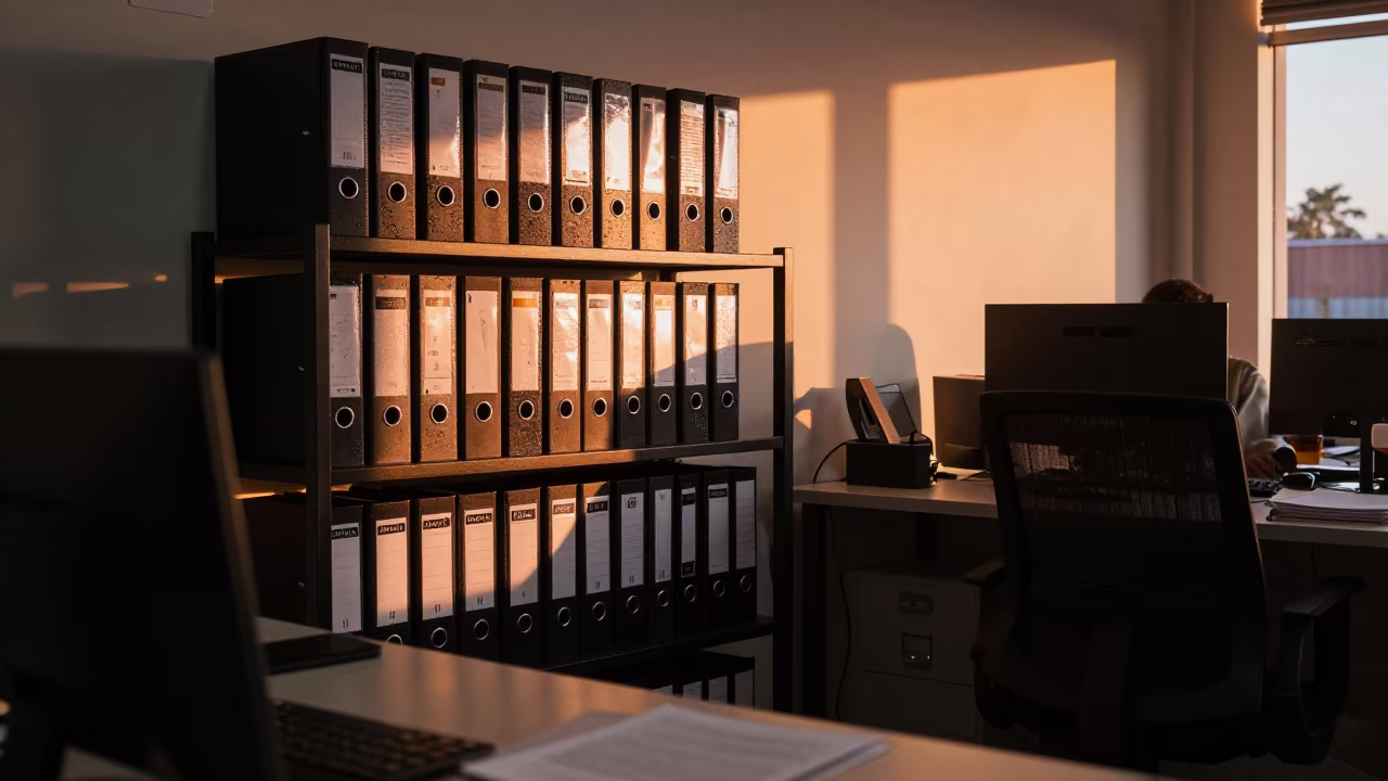Tabora Office Work Binder Shelf Amber Light in inside a coworking floor in Tabora