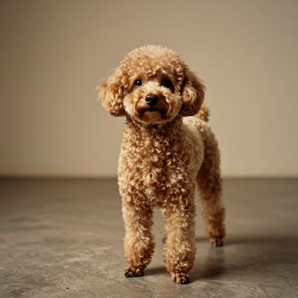 Tabriz Teacup Poodle Portrait Golden Hour Studio in in a quiet portrait studio with a plain backdrop and eye-level framing in Tabriz