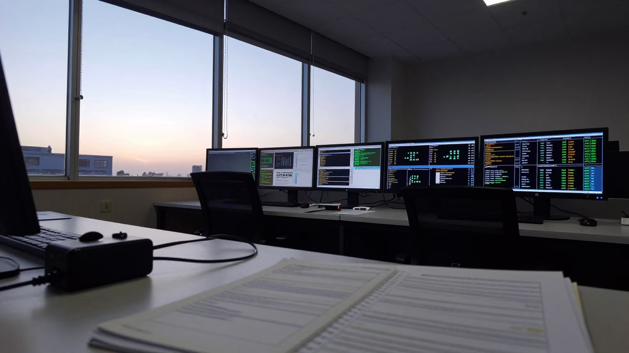 Tacna Control Room Dawn Light and Screens in inside a control room with status screens in Tacna