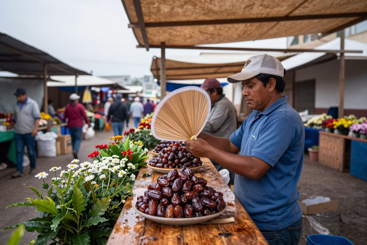 Tacna Vendor Fanning Flies From Dates in at a flower auction bench in Tacna