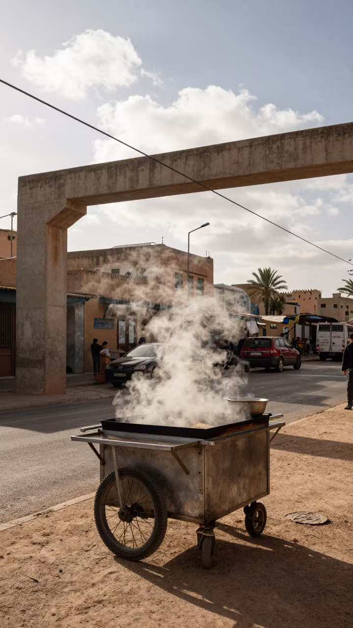 Taco Cart Steam Under Train Tracks in Marrakech in under an elevated train line in Mouassine, Marrakech
