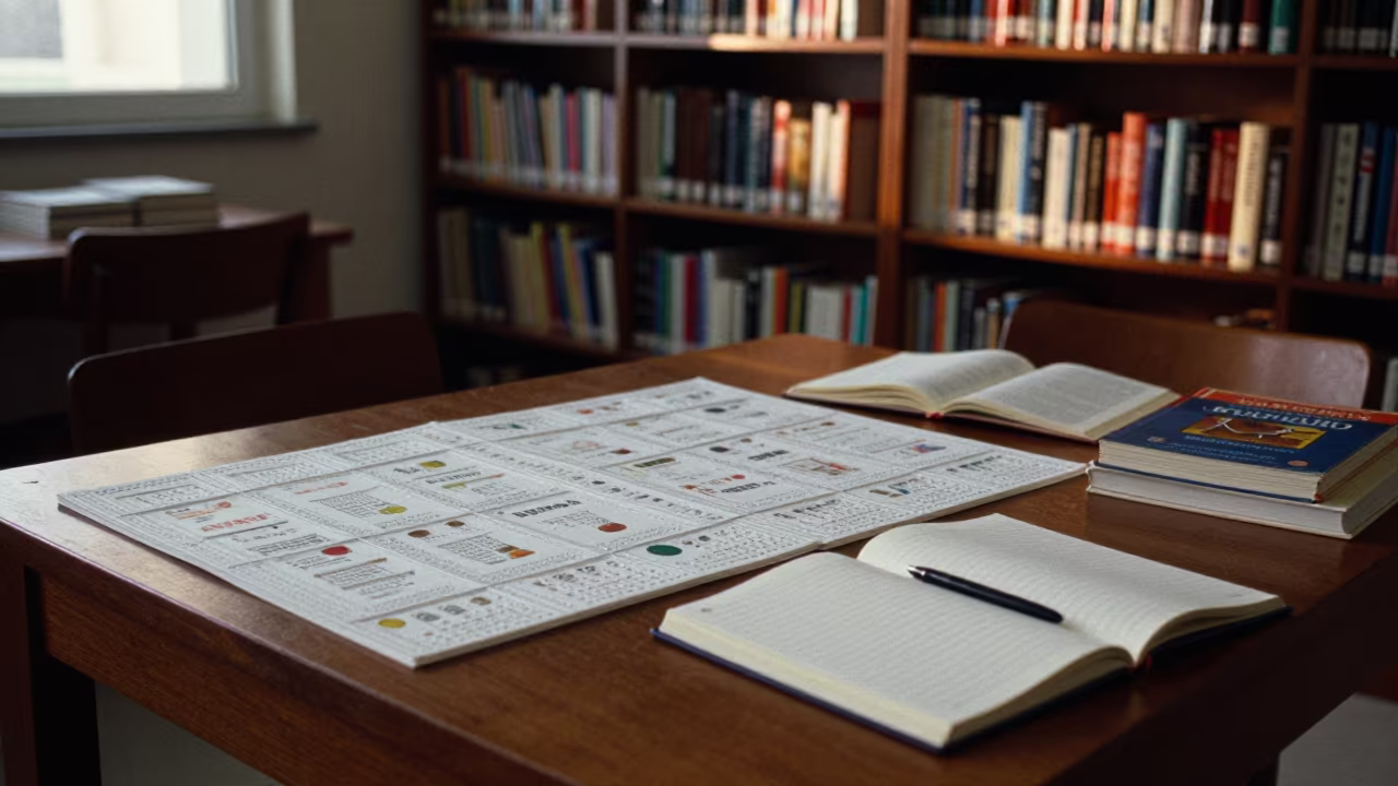 Soft Light Over Tactile Charts in Riyadh Library in inside a campus library reading room in Riyadh