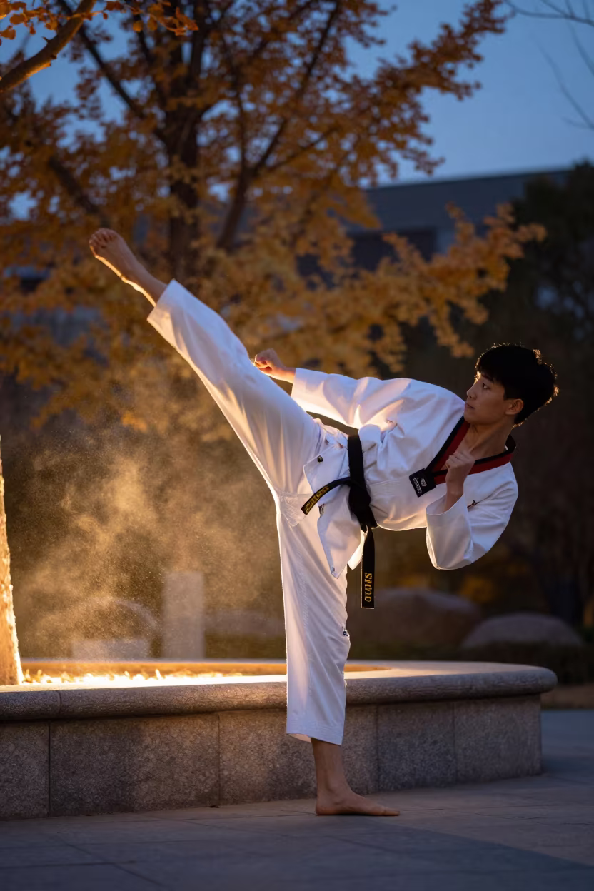 Taekwondo Spin Kick on Shanghai Stone Ledge in on a stone ledge in Shanghai