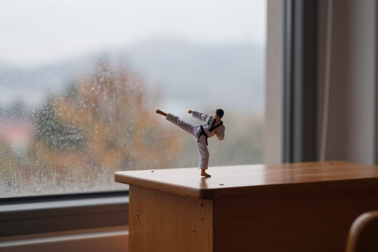 Taekwondo Spinning Kick on Desk at Dawn in on a writing desk in Victoria