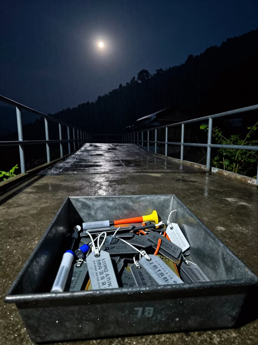 Tag Applicator Bin Under Moonlit Sikkim Stockyard in at a stockyard loading ramp in Sikkim