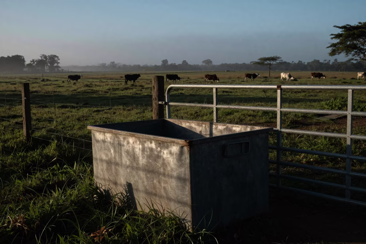 Tag Applicator Parts Bin at Dawn in Dominican Pasture in beside a pasture gate in Dominican Republic