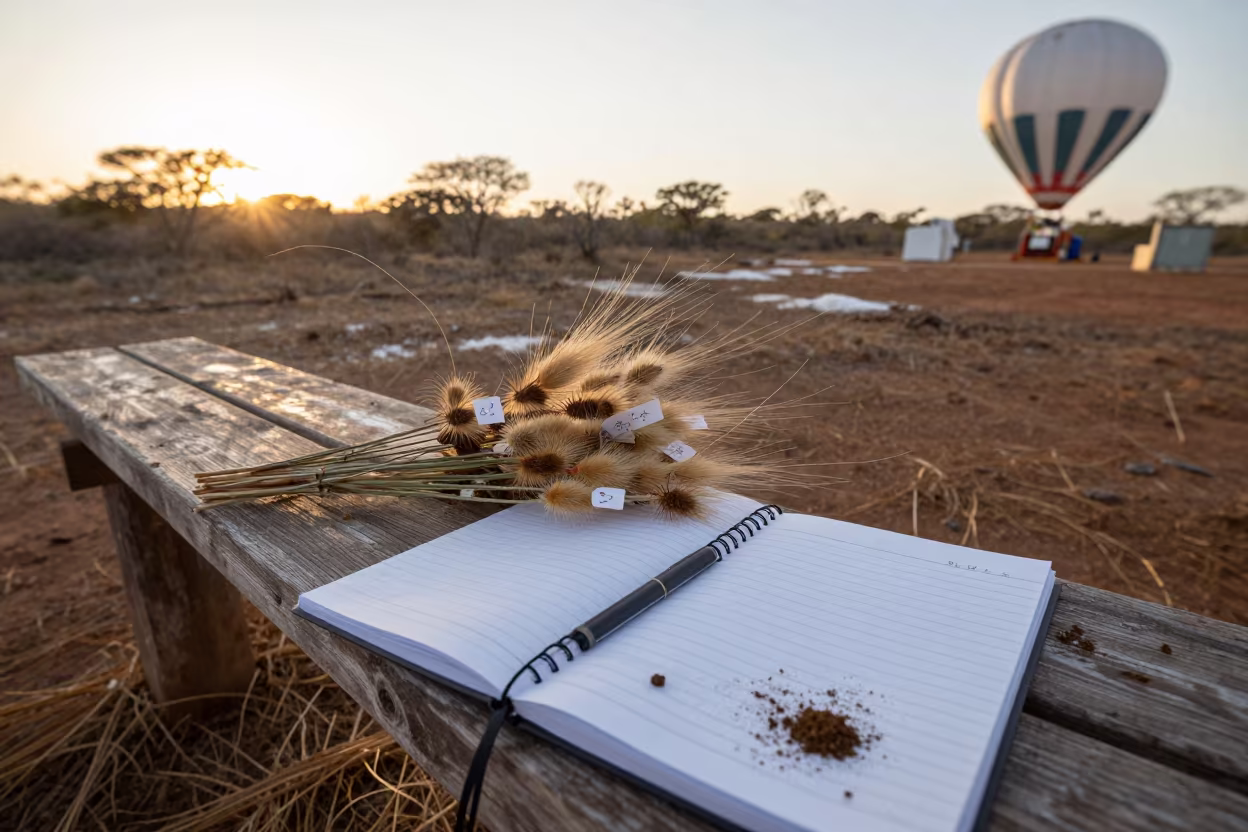 Tagged Seed Heads on Bench at Madagascar Launch Site in near a weather balloon launch site in Madagascar