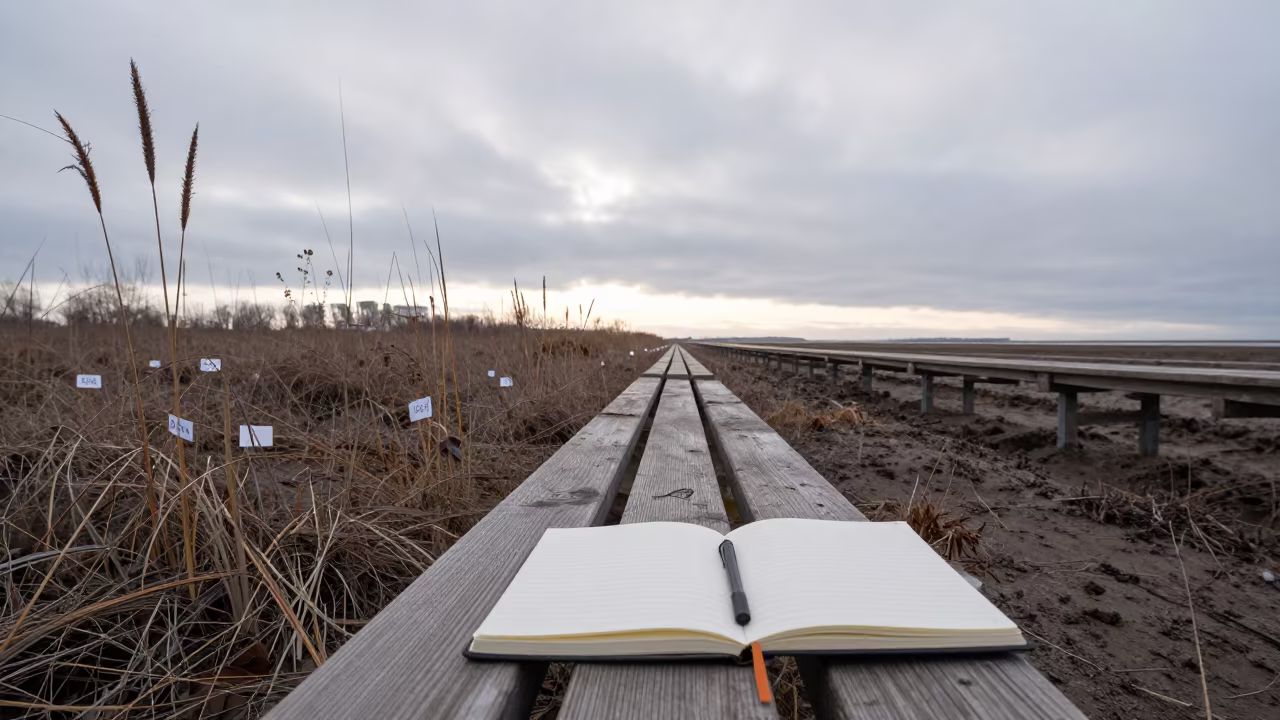 Tagged Seed Heads on Bench in Orsk Winter in beside a tidal survey transect near Orsk
