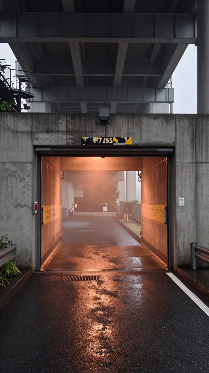 Tagged Service Tunnel Door on Windy Japanese Overpass in across a windy overpass interchange in Japan