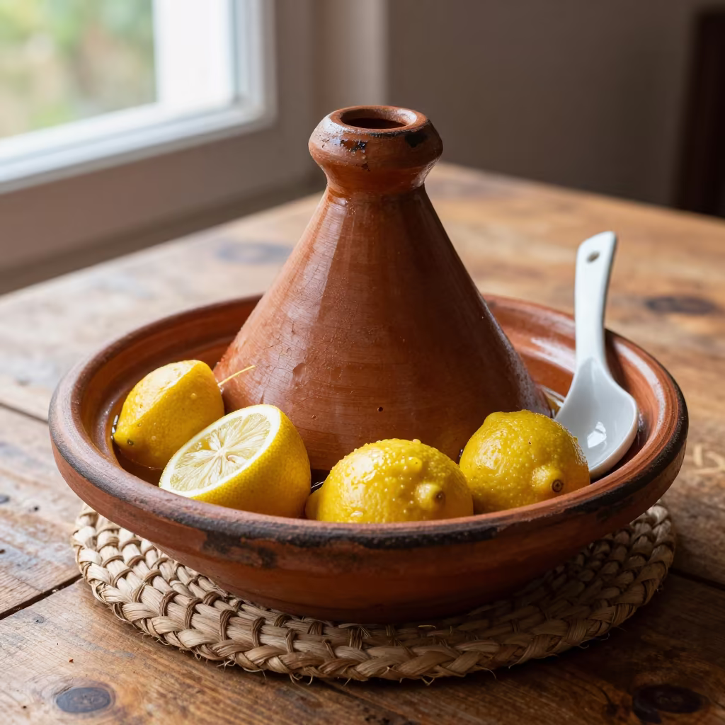 Tagine Pot with Preserved Lemons on Wooden Table in on a rustic wooden table in Rambla, Montevideo
