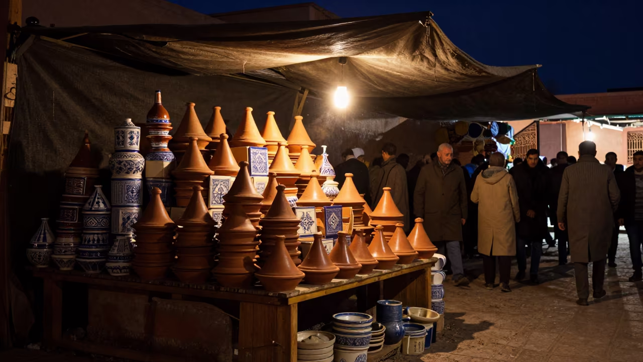 Tagines and Tiles Under Winter Night Candlelight in at a flower auction bench in Mouassine, Marrakech