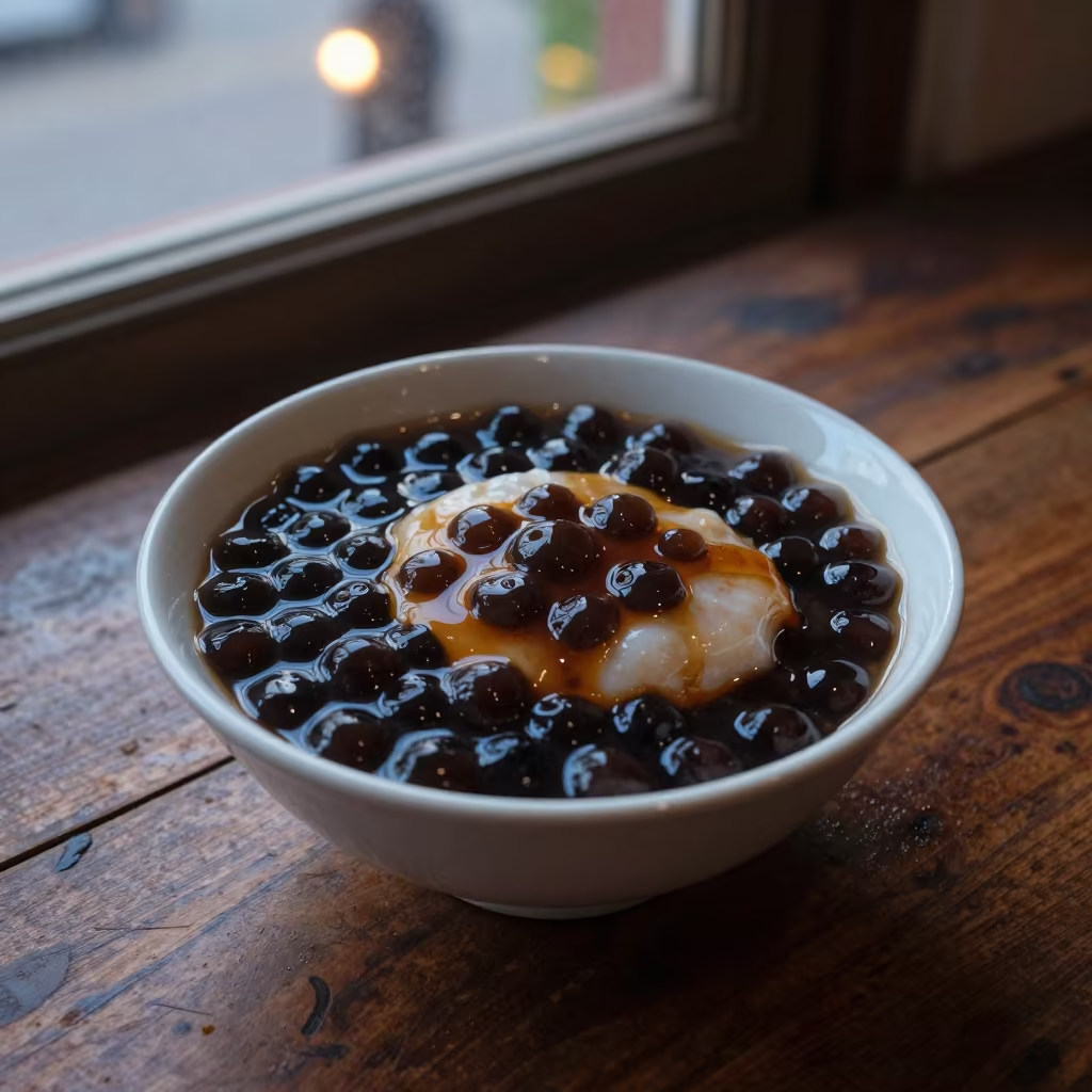 Taho Bowl with Tapioca and Syrup in Dharashiv in on a rustic wooden table in Dharashiv