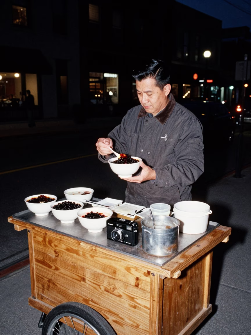 Taho Sale in Montreal at Late At Night Light in in Montreal, Quebec, Canada