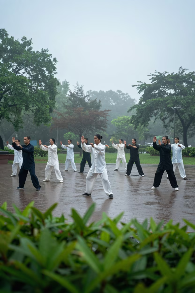 Tai Chi Group Practicing in Morning Mist Ranchi in in Ranchi