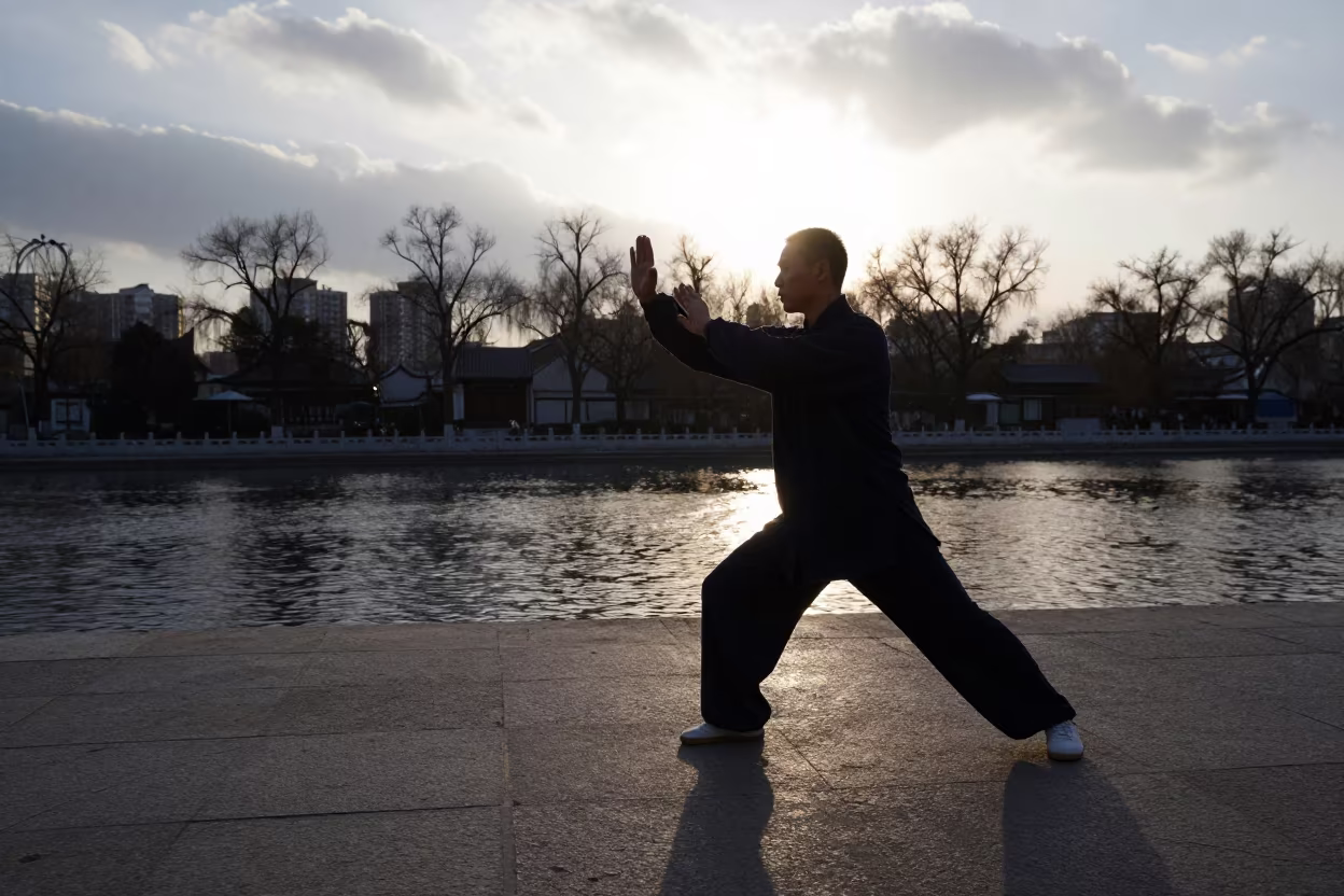 Tai Chi Practitioner at Dawn Beside Jinan Canal in beside a canal in Jinan