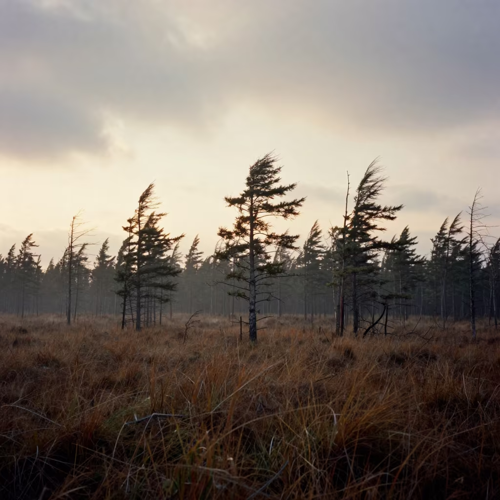 Taiga Floodplain Silhouetted in Evening Light in across a floodplain after rain near Jos