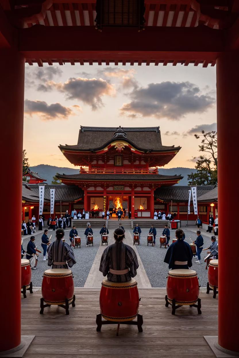 Taiko Drum Circle Performance at Kyoto Shrine Sunset in on a festival main stage in Kyoto