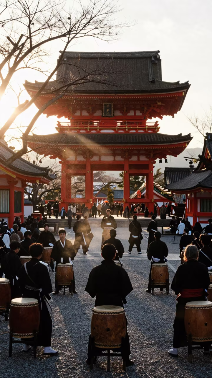 Taiko Drum Circle Silhouette at Arashiyama Shrine Sunset in in a shrine courtyard in Arashiyama, Kyoto