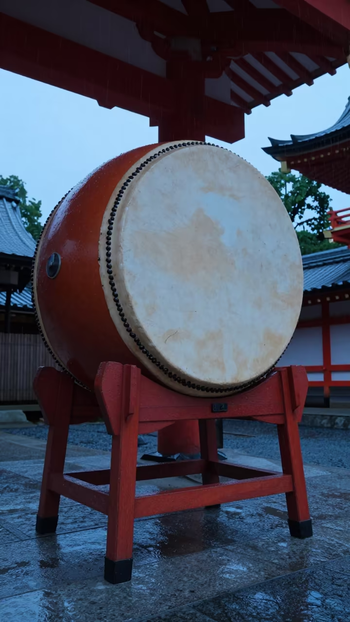 Taiko Drum Skin Tightening in Kyoto Shrine in in a shrine courtyard in Kyoto