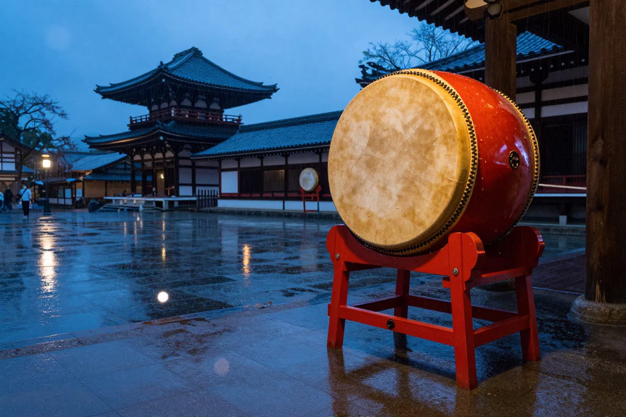 Taiko Drum Skin Tightening in Kyoto Temple in in a temple precinct in Kyoto
