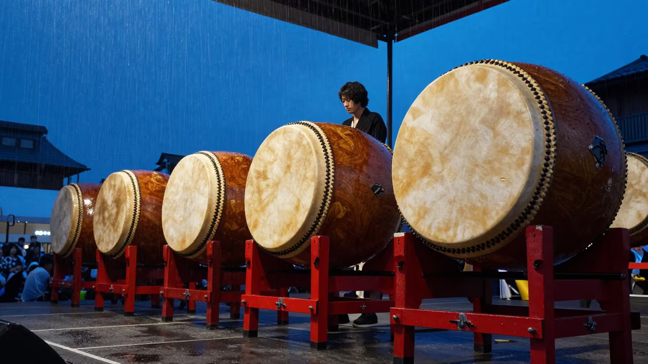 Taiko Drum Skin Tightening on Osaka Festival Stage in on a festival main stage in Osaka