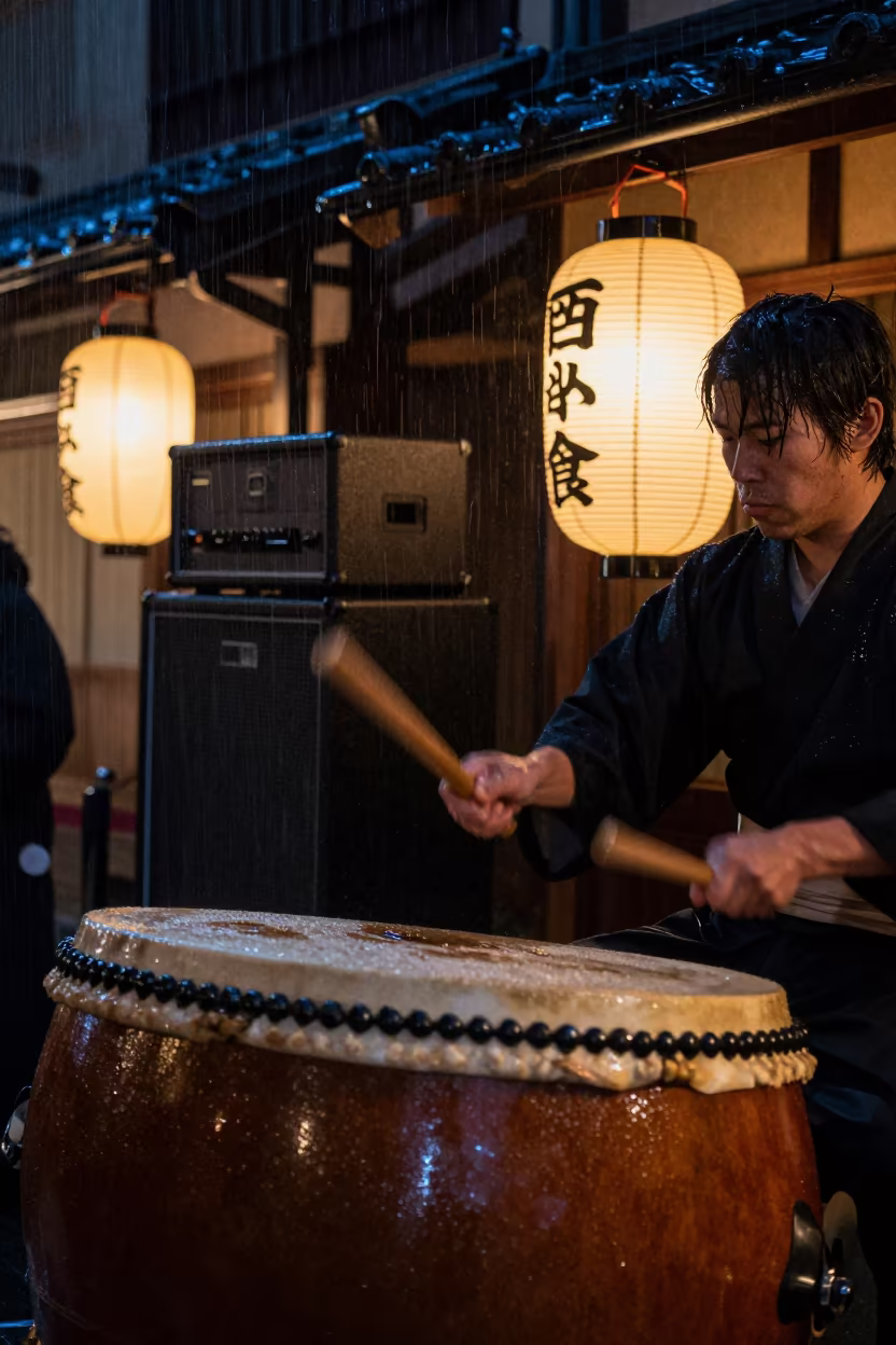 Taiko Drummer Under Lantern Light in Kyoto in at a public square during a festival in Higashiyama, Kyoto
