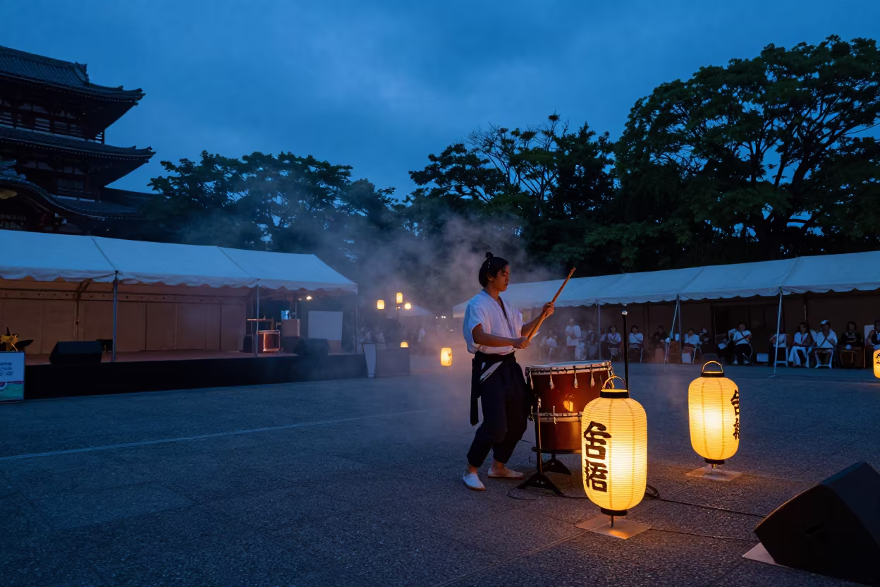 Taiko Drummer Under Lantern Light Tennoji Festival in at a public square during a festival in Tennoji, Osaka
