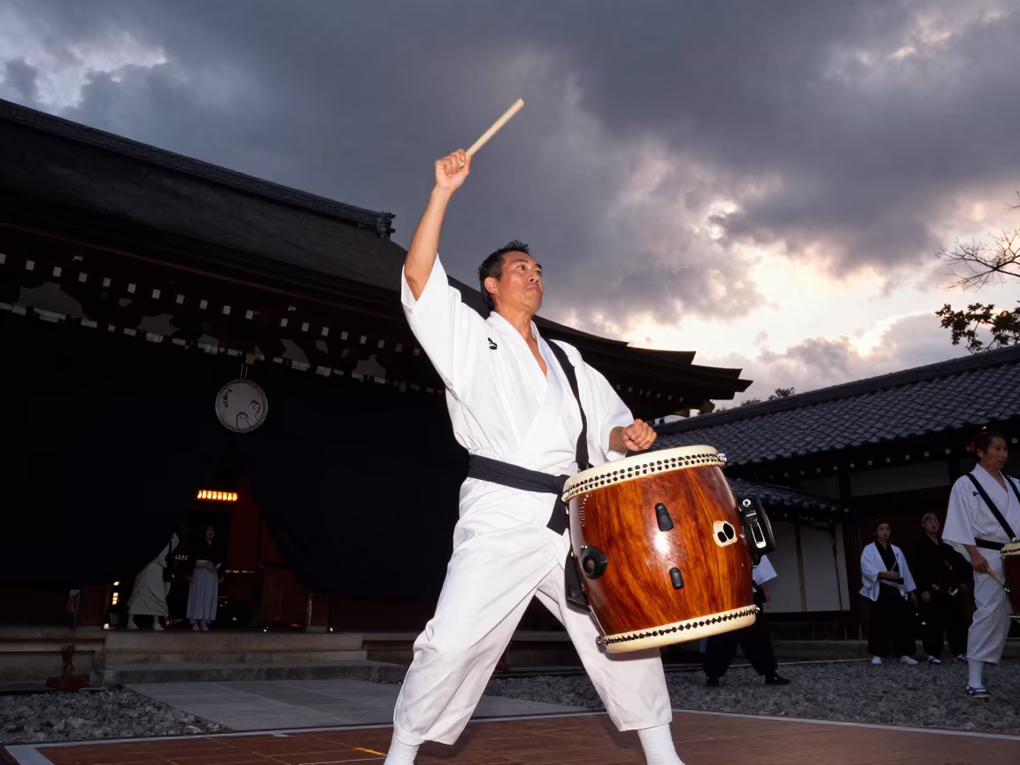 Taiko Drummer Low Angle Shrine Nara in in a shrine courtyard in Nara