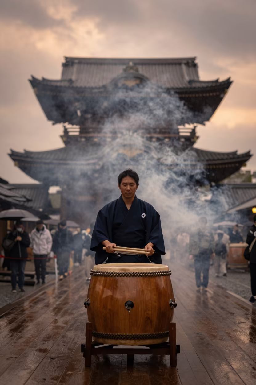 Taiko Drummer in Namba Shrine Smoke in in a shrine courtyard in Namba, Osaka