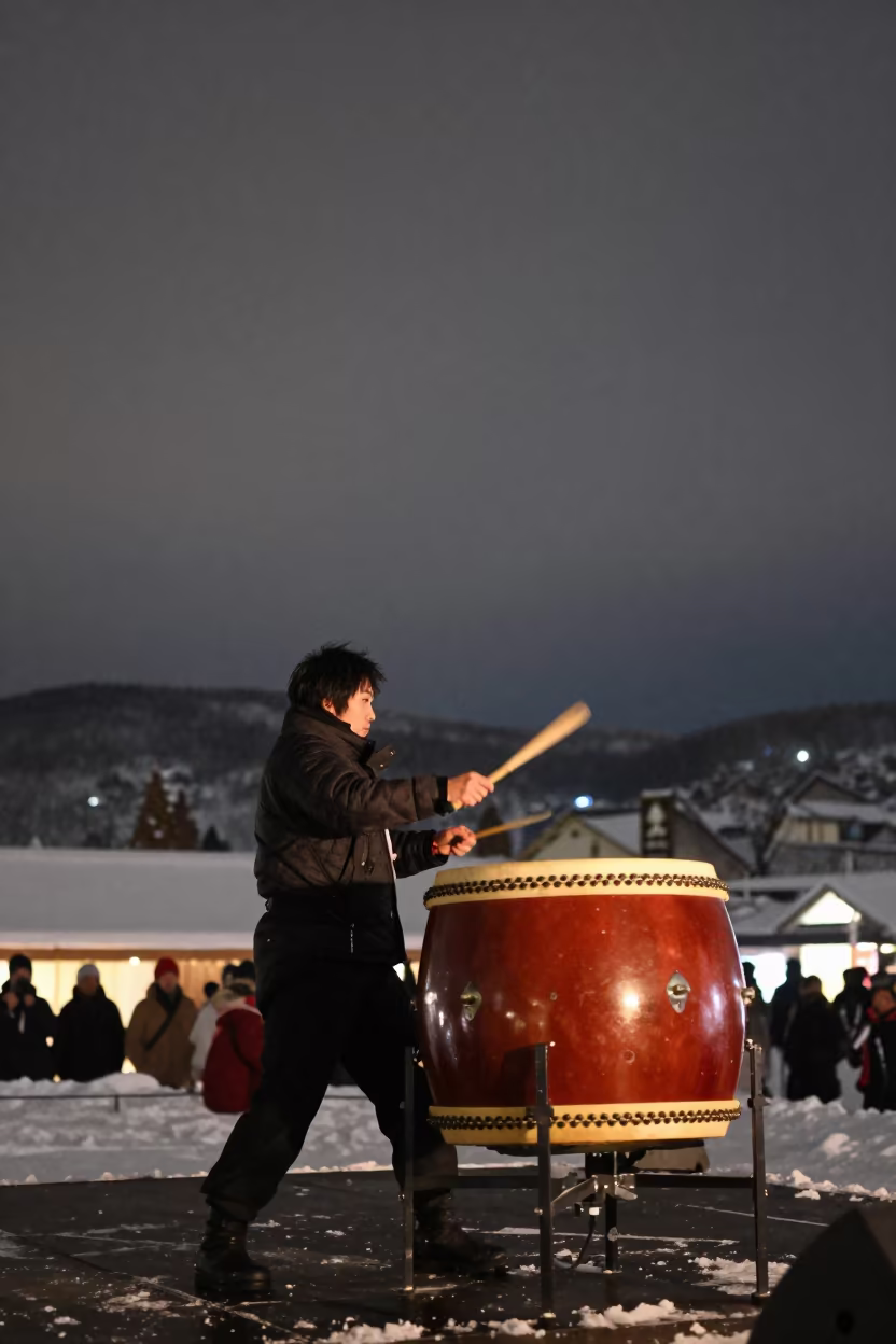 Taiko Drummer Striking Drum at Midnight in Osaka in on a festival main stage in Tsuruhashi, Osaka
