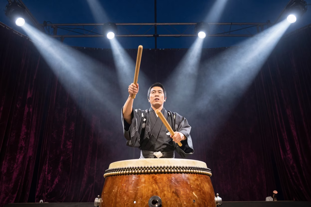 Taiko Drummer Striking Massive Drum Under Spotlights in at a public square during a festival in Osaka