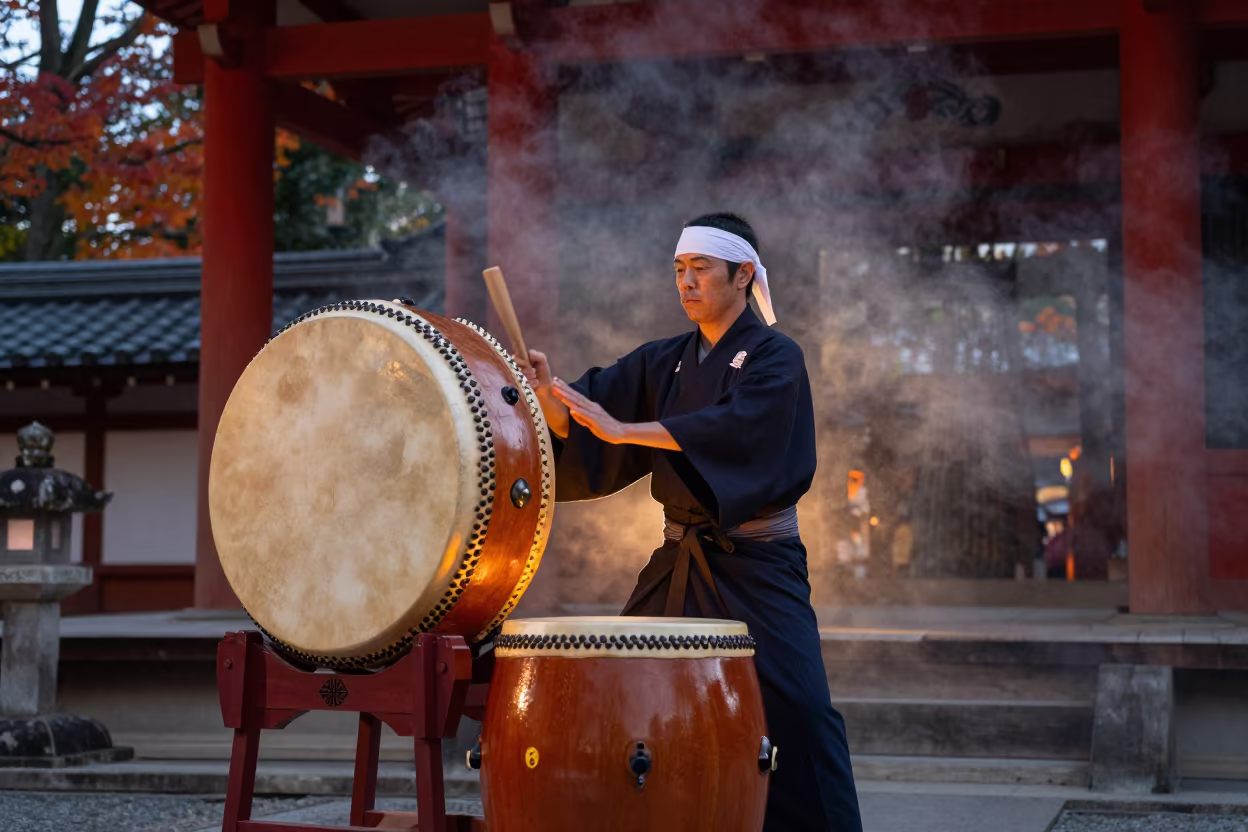 Taiko Drummer in Temple Smoke Before Dawn in in a temple precinct in Kanazawa