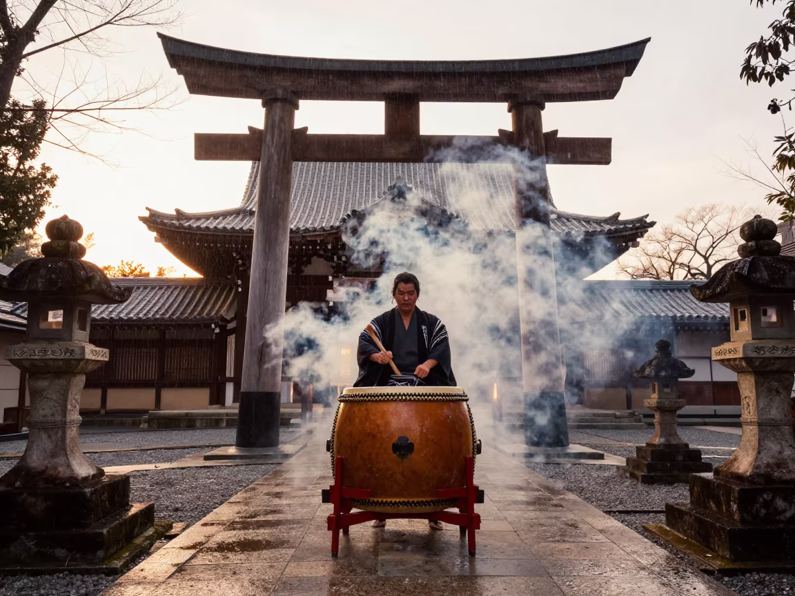 Taiko Drummer in Winter Sunset Temple Smoke in in a temple precinct in Kanazawa