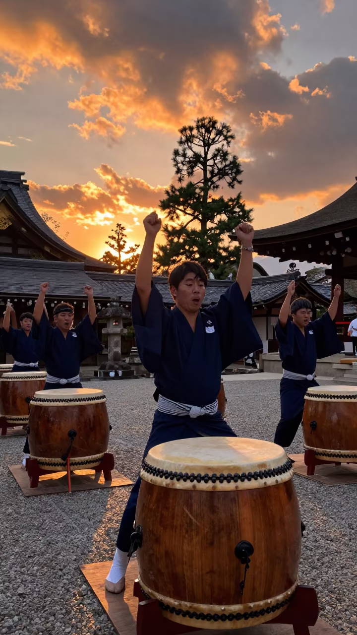 Taiko Drummers at Nara Shrine Sunset in in a temple precinct in Nara