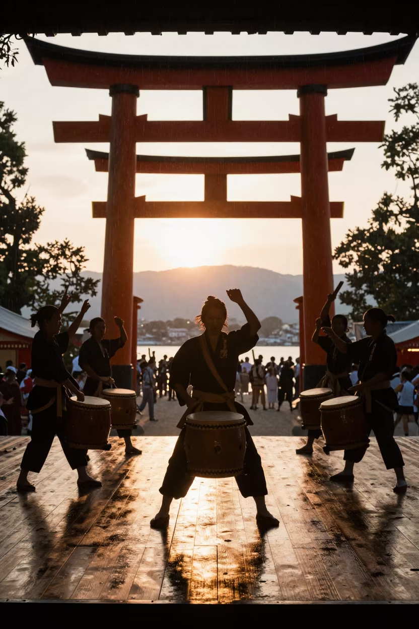 Taiko Drummers Silhouetted Against Osaka Sunset in on a festival main stage in Osaka